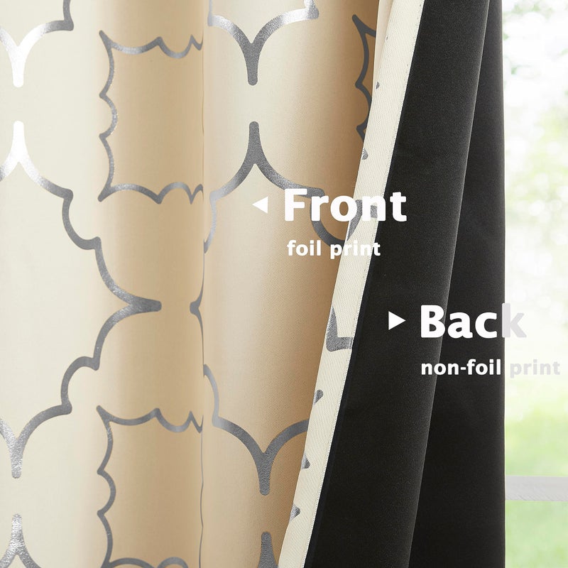 Purainbow Beige Blackout Curtain Panels for Bedroom 84" Silver Foil Moroccan Metallic Print Energy Efficient Drapes for Bedroom Living Room, Thermal Insulated Window Treatments Grommet Top 2 Panels - Image 5