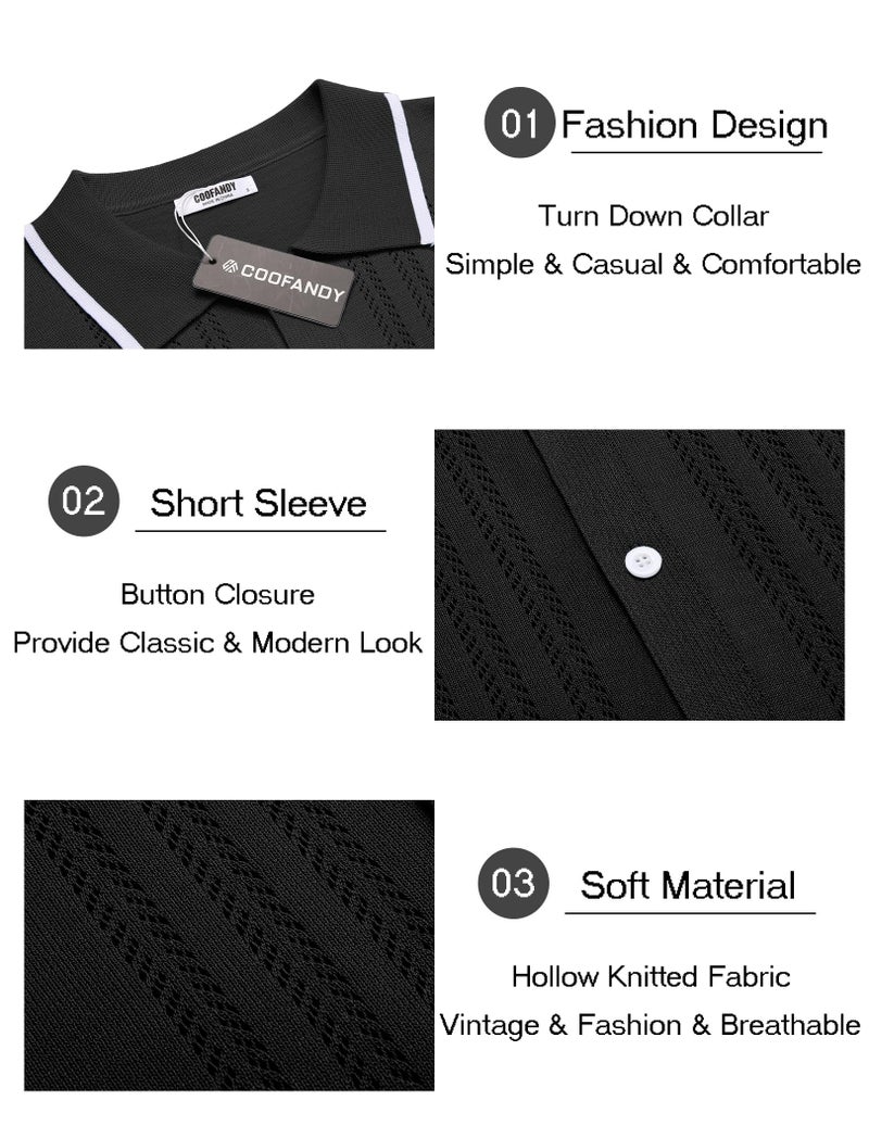 COOFANDY Mens Short Sleeve Knit Shirts Fashion Button Down Polo Shirt Casual Beach Top Black - Image 5