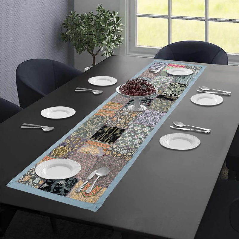 iinfinize Patchwork Traditional 16x60 Inch Kitchen Center Table Runner Home Wedding Fstival Event Decor Runner Embroidery Khambadiya Bowl Rusic Runner Gray