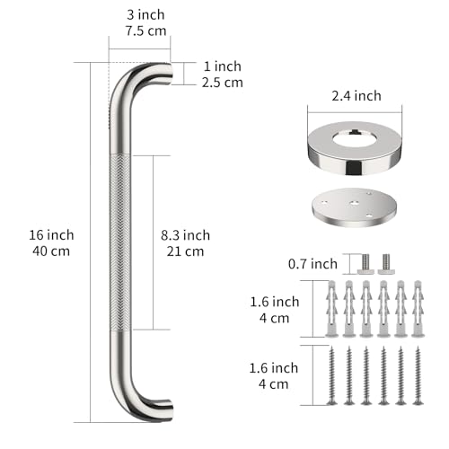 ZUEXT 2 Pack 16 Inch Anti Slip Shower Grab Bar Handle, ZUEXT Chrome Stainless Steel Bathroom Grab Bar, Knurled Bathroom Balance Bar,Safety Hand Rail Support,Handicap Elderly Injury Senior Assist Bath Handle - Image 2
