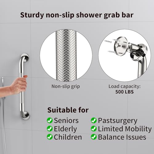 ZUEXT 2 Pack 16 Inch Anti Slip Shower Grab Bar Handle, ZUEXT Chrome Stainless Steel Bathroom Grab Bar, Knurled Bathroom Balance Bar,Safety Hand Rail Support,Handicap Elderly Injury Senior Assist Bath Handle - Image 5