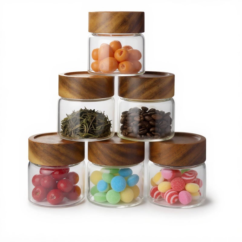 Zoaiirte 6-Pack 6 fl oz Airtight Food Sealed Jars with Acacia Wood Lids - Glass Meal Prep Containers for Overnight Oats, Snack Storage, Chia Pudding, Pantry Organization Essentials - Image 1