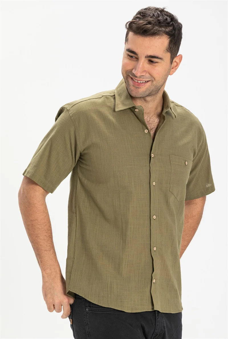 اليش شيل بيزي Large Size Short Sleeve Shile Cloth Single Pocket Men's Shirt Khaki 3049