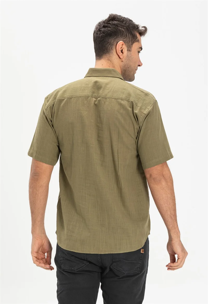 اليش شيل بيزي Large Size Short Sleeve Shile Cloth Single Pocket Men's Shirt Khaki 3049