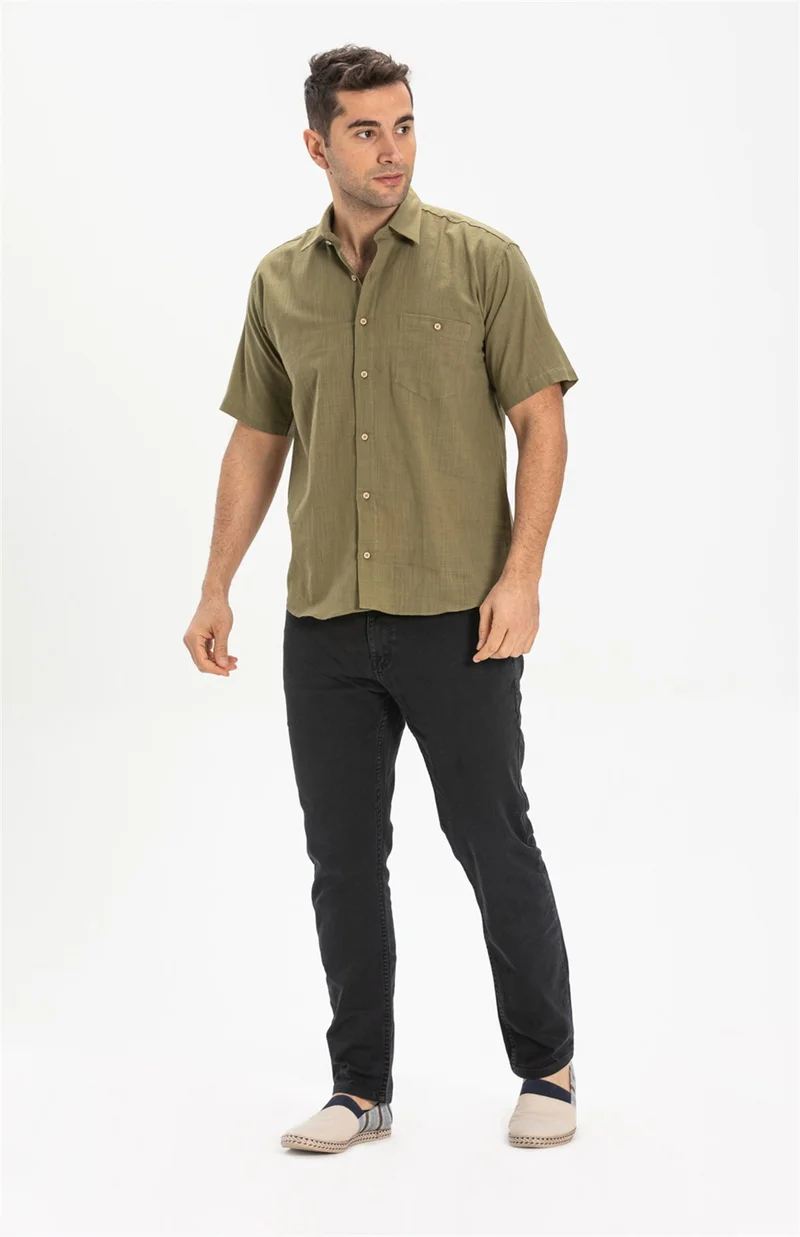 اليش شيل بيزي Large Size Short Sleeve Shile Cloth Single Pocket Men's Shirt Khaki 3049
