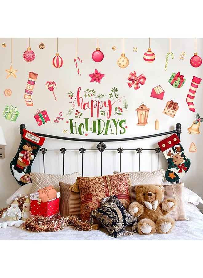 erorex Happy Holiday Wall Decal Stickers Wall Decals Window Stickers With Socks Candy Copper Bell Decals Removable Vinyl Wall Decals Window Xmas Self Adhesive Holiday Home Decoration  - Image 1