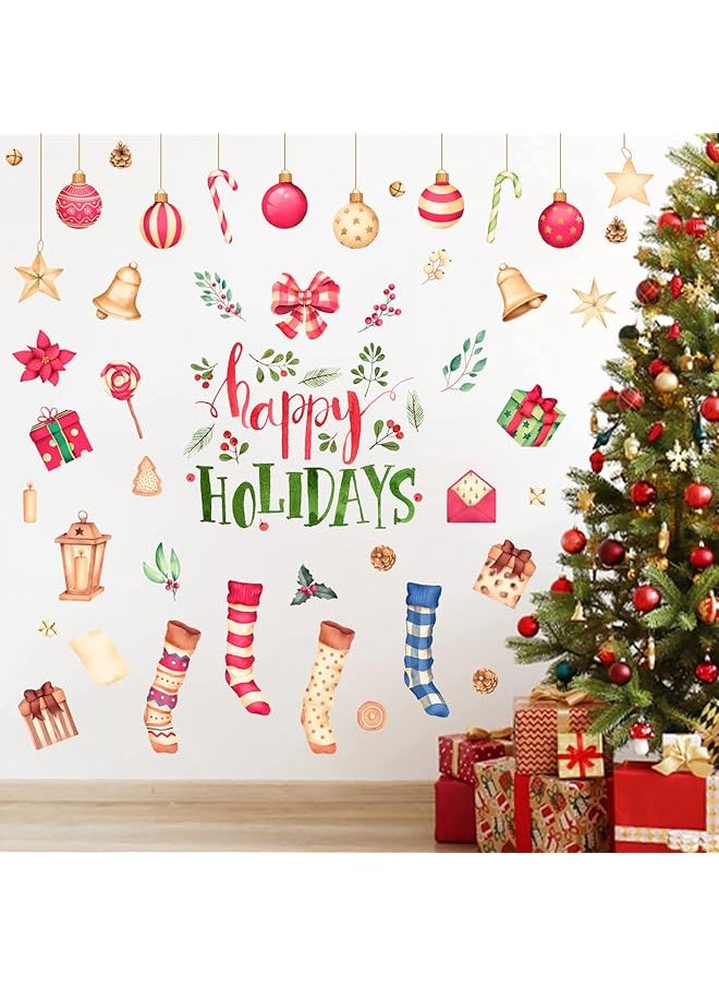 erorex Happy Holiday Wall Decal Stickers Wall Decals Window Stickers With Socks Candy Copper Bell Decals Removable Vinyl Wall Decals Window Xmas Self Adhesive Holiday Home Decoration  - Image 2