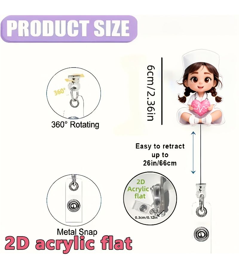 Cute Nurse Girl Heart Pattern Badge Reel Clip With Retractable Nylon Cord 1pc - Image 2