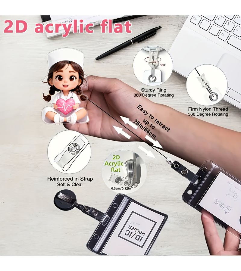 Cute Nurse Girl Heart Pattern Badge Reel Clip With Retractable Nylon Cord 1pc - Image 3