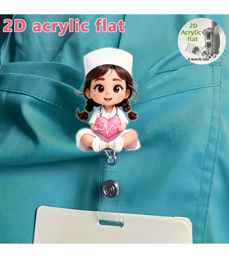 Cute Nurse Girl Heart Pattern Badge Reel Clip With Retractable Nylon Cord 1pc - Image 1