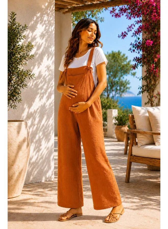 LuvmaBelly MYRA6141 – Natural Muslin Soft Summer Maternity Jumpsuit - Camel.