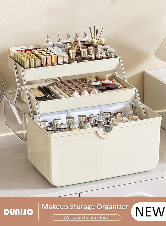 DUNISO 3-Layer Makeup Organizer, Large Capacity Cosmetic Storage Box with Transparent Visual Cover, Portable Handled Case,First Aids Case Medicine Box with Handle Trays, Clear Lockable Container for Sewing Makeup Nail Hair Accessories, Home School Office  - Image 1