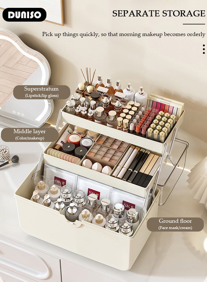DUNISO 3-Layer Makeup Organizer, Large Capacity Cosmetic Storage Box with Transparent Visual Cover, Portable Handled Case,First Aids Case Medicine Box with Handle Trays, Clear Lockable Container for Sewing Makeup Nail Hair Accessories, Home School Office  - Image 3