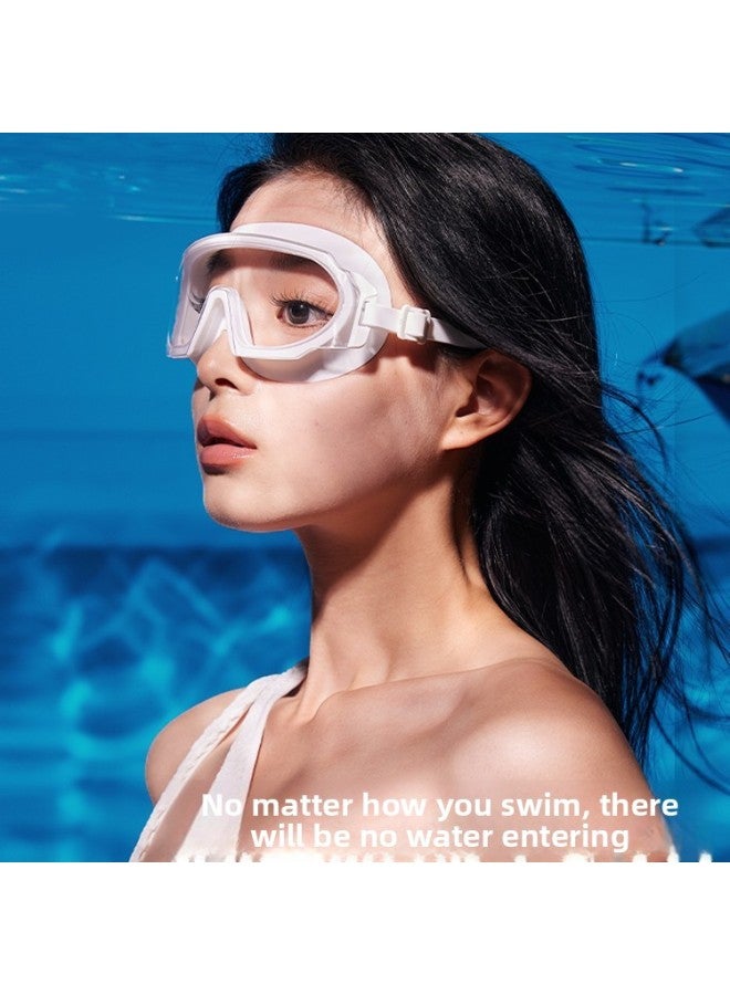 Swimming Goggles HD Anti-fog Waterproof Women's Swimming Glasses Large Frame Women's Adult Myopia Goggles Swimming Cap Suit Men-Color:Pearl White Swimming Goggles + Waterproof Swimming Cap Blue (long Hair Optional/no Headband)-250