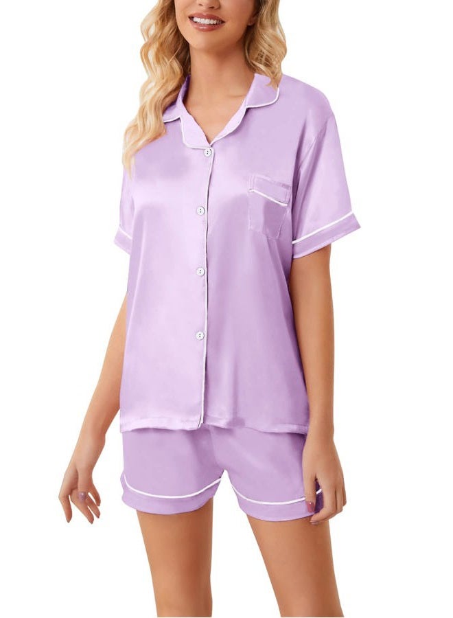 Schbbbta Satin Pajama Set for Girls, 2Pcs Sleepwear Short Sleeve Silk Pajamas for Girls, Lavender, 5-6 Years = Tag 130 - Image 5