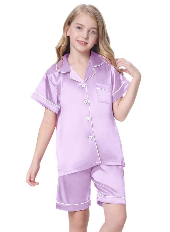 Schbbbta Satin Pajama Set for Girls, 2Pcs Sleepwear Short Sleeve Silk Pajamas for Girls, Lavender, 5-6 Years = Tag 130 - Image 4