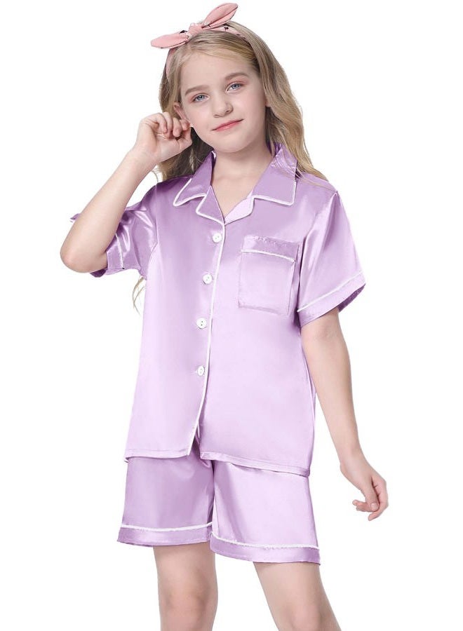 Schbbbta Satin Pajama Set for Girls, 2Pcs Sleepwear Short Sleeve Silk Pajamas for Girls, Lavender, 5-6 Years = Tag 130 - Image 2