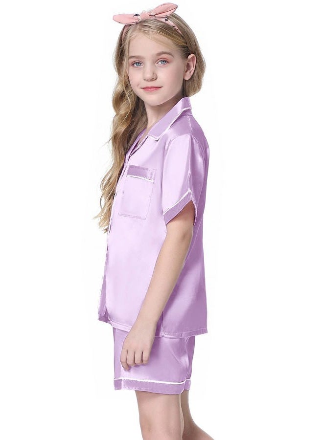 Schbbbta Satin Pajama Set for Girls, 2Pcs Sleepwear Short Sleeve Silk Pajamas for Girls, Lavender, 5-6 Years = Tag 130 - Image 3