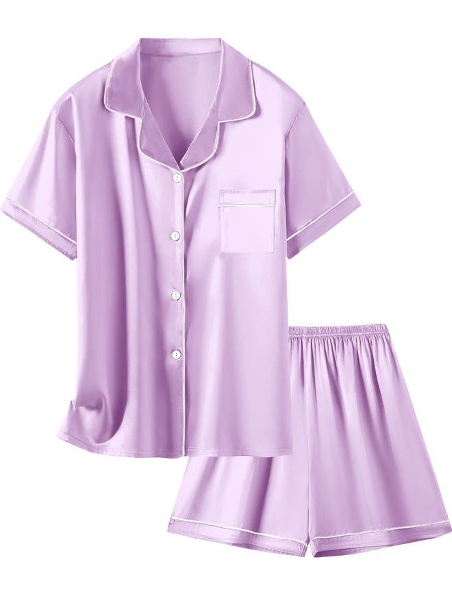 Schbbbta Satin Pajama Set for Girls, 2Pcs Sleepwear Short Sleeve Silk Pajamas for Girls, Lavender, 5-6 Years = Tag 130 - Image 1