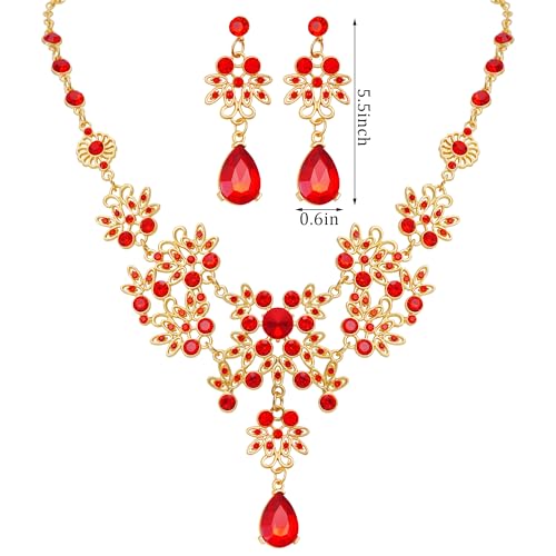 Dxhycc Silver Red Alloy Rhinestone Earrings Crystal Pendant Necklace Bridal Jewelry Set - Image 2