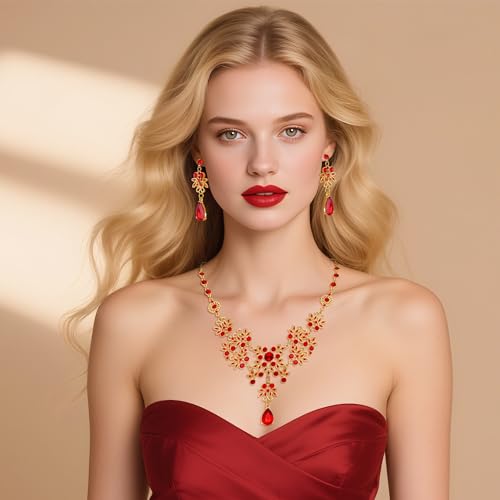 Dxhycc Silver Red Alloy Rhinestone Earrings Crystal Pendant Necklace Bridal Jewelry Set - Image 5