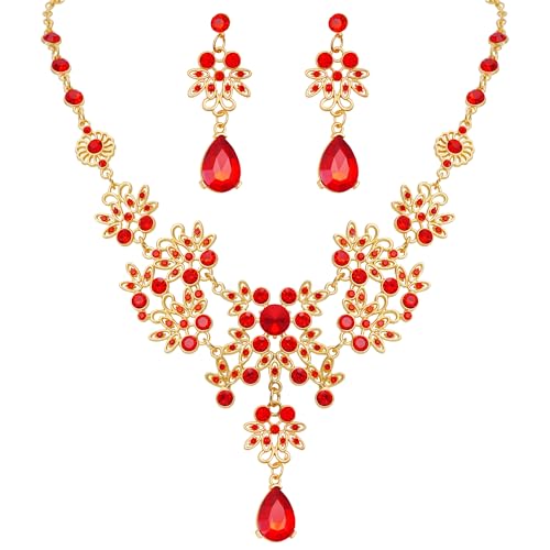 Dxhycc Silver Red Alloy Rhinestone Earrings Crystal Pendant Necklace Bridal Jewelry Set - Image 1