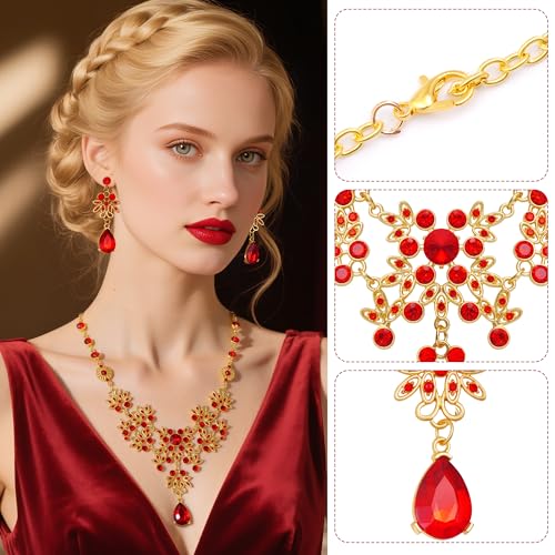 Dxhycc Silver Red Alloy Rhinestone Earrings Crystal Pendant Necklace Bridal Jewelry Set - Image 3