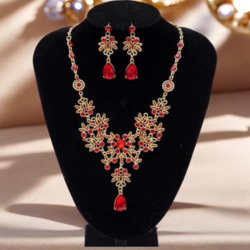 Dxhycc Silver Red Alloy Rhinestone Earrings Crystal Pendant Necklace Bridal Jewelry Set - Image 4