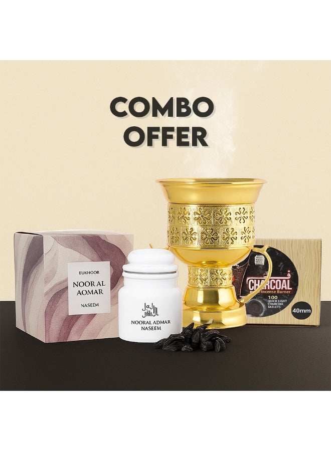 Naseem Bakhoor Nur Al Aqmar Combo Set with Golden Mabkhara Burner & 100 Quick-Light Charcoal Tablets For Home Fragrance & Relaxation