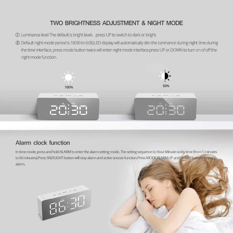 ZEVON Digital LED Mirror Clock for Table Smart Alarm Clock for Students Heavy Sleepers with Sensor Date and Temperature for Office Home and Bedroom White - Image 3