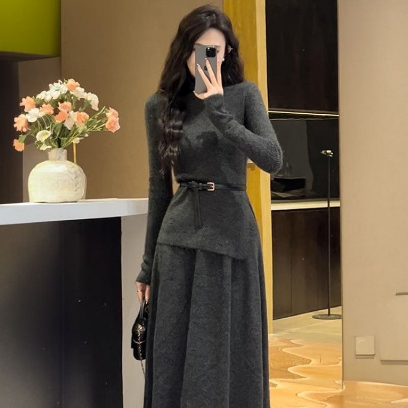 ZZ Sense Knitted Sweater dress Childrens Autumn and Winter 2025 New Small Fragrance Inner Wear suit Wear a Complete Set Grey suit (with belt)