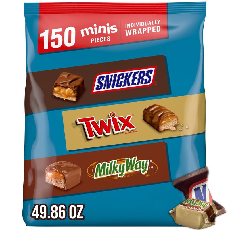 Mars حقيبة متنوعة من حلوى الشوكولاتة الصغيرة SNICKERS و TWIX و MILKY WAY، حقيبة حلوى الهالوين، 150 قطعة في حقيبة كبيرة - Image 1
