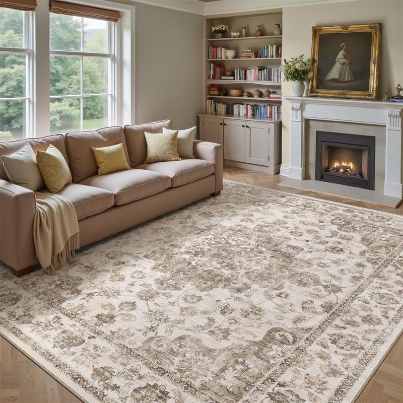WondRg 8x10 Washable Neutral Area Rug Brown Vintage Living Room Bedroom Carpet Non-Slip Soft Low Pile Floral Indoor Large Throw Rug for Dining Room Office - Image 5