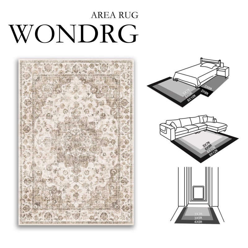 WondRg 8x10 Washable Neutral Area Rug Brown Vintage Living Room Bedroom Carpet Non-Slip Soft Low Pile Floral Indoor Large Throw Rug for Dining Room Office - Image 2