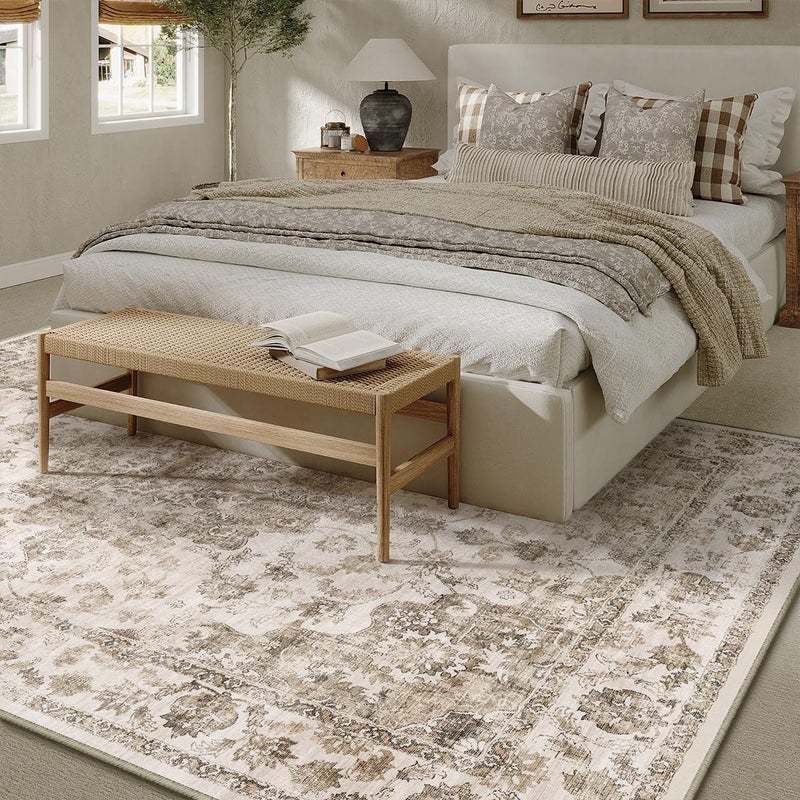 WondRg 8x10 Washable Neutral Area Rug Brown Vintage Living Room Bedroom Carpet Non-Slip Soft Low Pile Floral Indoor Large Throw Rug for Dining Room Office - Image 3