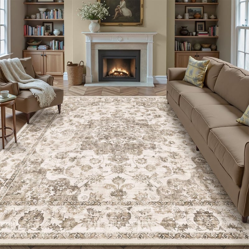 WondRg 8x10 Washable Neutral Area Rug Brown Vintage Living Room Bedroom Carpet Non-Slip Soft Low Pile Floral Indoor Large Throw Rug for Dining Room Office - Image 1