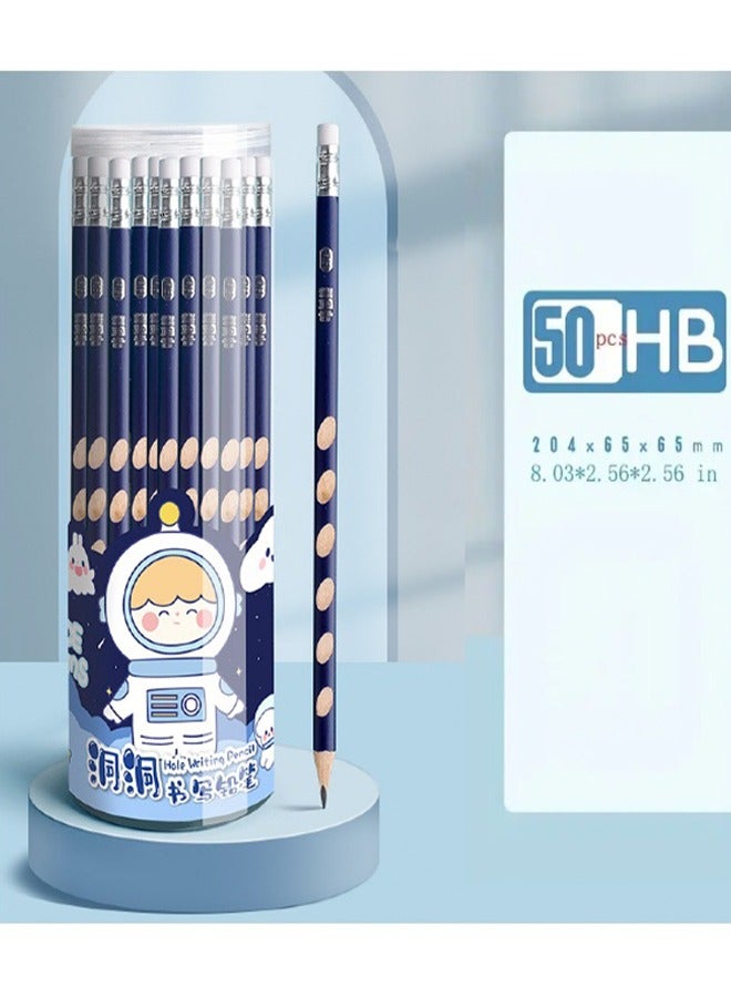 50pcs Pencil with Eraser Hole Pencil Correction Grip HB Triangle Grip Beginners HB Writing Pencil (Blue Cute Astronaut) - Image 1