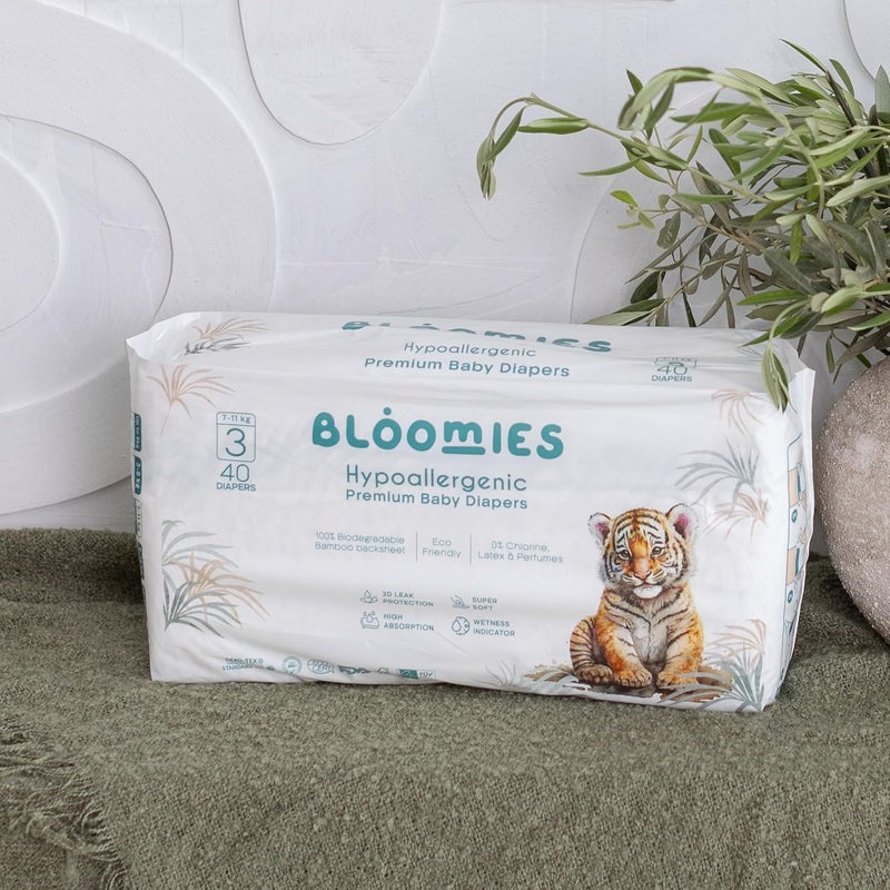 Bloomies Premium Baby Diapers Size 2,3,4, Counts 22,40,66,120, Wetness Indicator Eco-friendly and Hypoallergenic Ultra-soft Nappy Diaper Skin Friendly, Leakage Protection,100% Organic Natural Bamboo - Image 5