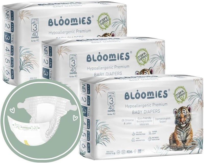 Bloomies Premium Baby Diapers Size 2,3,4, Counts 22,40,66,120, Wetness Indicator Eco-friendly and Hypoallergenic Ultra-soft Nappy Diaper Skin Friendly, Leakage Protection,100% Organic Natural Bamboo - Image 1