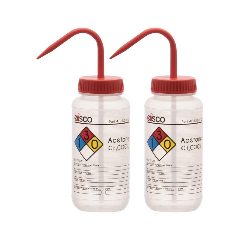EISCO عبوات غسيل الأسيتون 500 مل - عبوتان مع ملصقات كيميائية وسلامة ملونة - Image 1