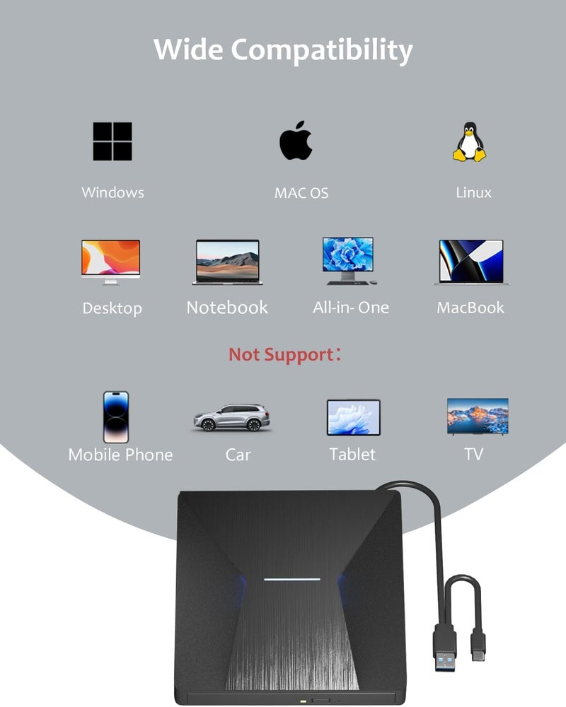 MthsTec USB 3.0 and Type-C External Bluray Drive, External Bluray CD DVD Burner and blu ray Player for pc, Blu Ray Disc Reader Compatible with Windows XP/7/8/10, Laptop, Desktop, MacOS for MacBook - Image 5