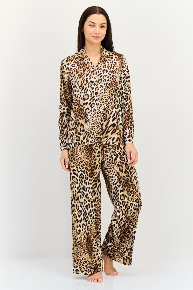 bebe Women 2 Pieces Animal Print Long Sleeves Nightwear Set, Multicolor - Image 1