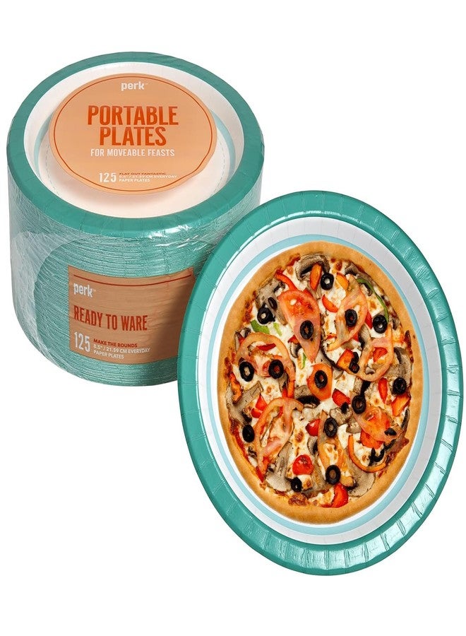 Perk Staples Paper Plates, 8.5 Inch, Medium-Weight Microwave-Safe, Disposable For Everyday Meals, Kitchen, Breakroom, Company Events, 125-Pack, White/Teal - Image 5