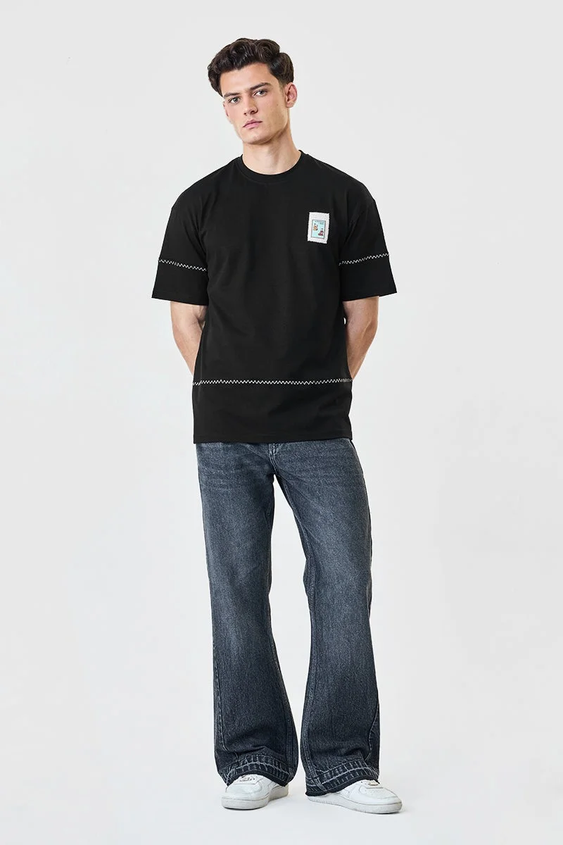 سنيتش Black Graphic Half Sleeve Oversized Streetwear T-Shirt