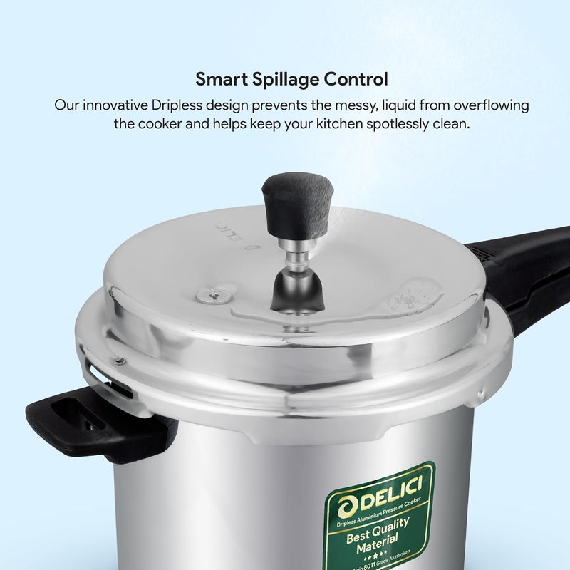 ديليتشي مجموعة قدر الضغط من الألمنيوم DELICI (سعة 5 لتر + 3 لتر)، تصميم خالي من التسربات مع ألمنيوم خام من الدرجة 8011 عالية الجودة، نظام ذكي للتحكم في التسربات، مقابض مقاومة للحرارة مصنوعة من الباكلايت، ضمان لمدة 5 سنوات. - Image 4