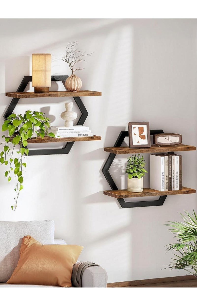 WALALLA Floating Shelves, 15 Inch Wall Shelf Set of 2, Wall Mounted Storage Shelves 2-Tier, Hanging Bathroom Shelves, for Living Room, Bedroom, Bathroom, Kitchen, Rustic Brown and Black - Image 1