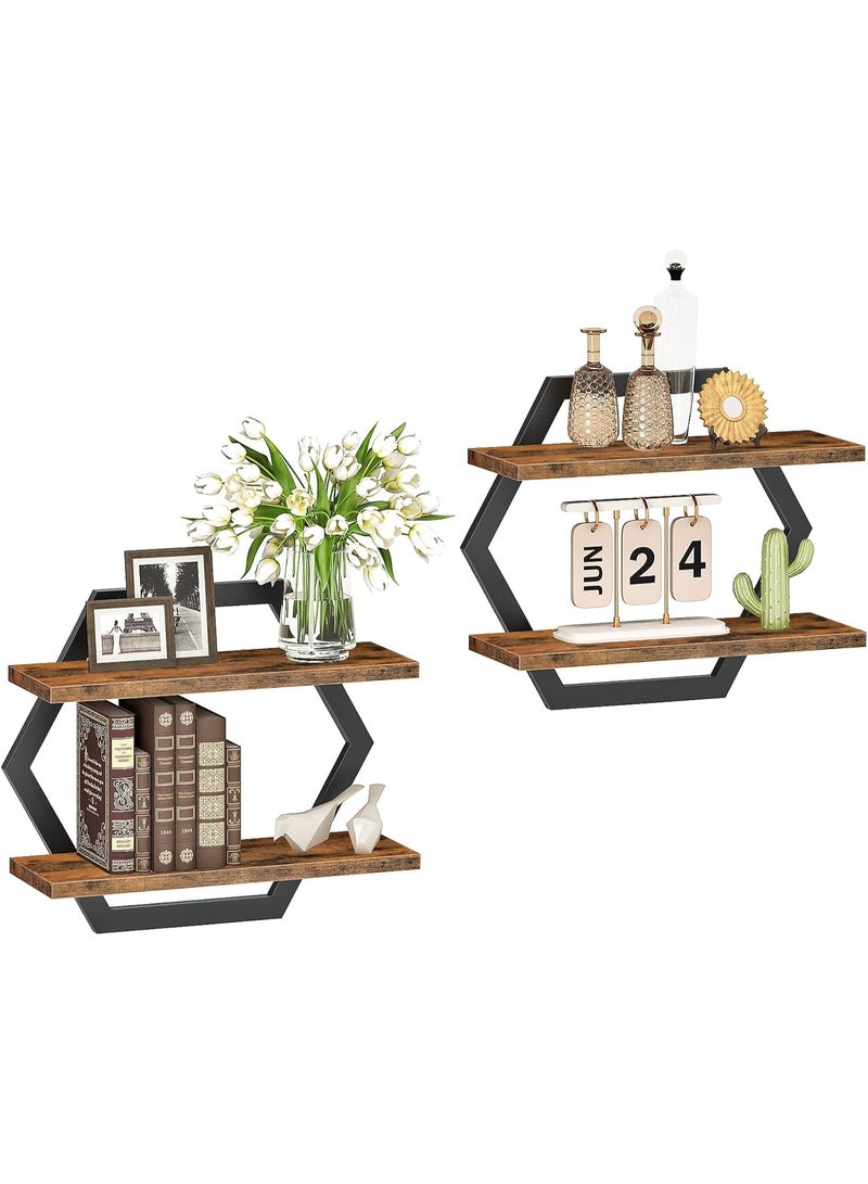 WALALLA Floating Shelves, 15 Inch Wall Shelf Set of 2, Wall Mounted Storage Shelves 2-Tier, Hanging Bathroom Shelves, for Living Room, Bedroom, Bathroom, Kitchen, Rustic Brown and Black - Image 3