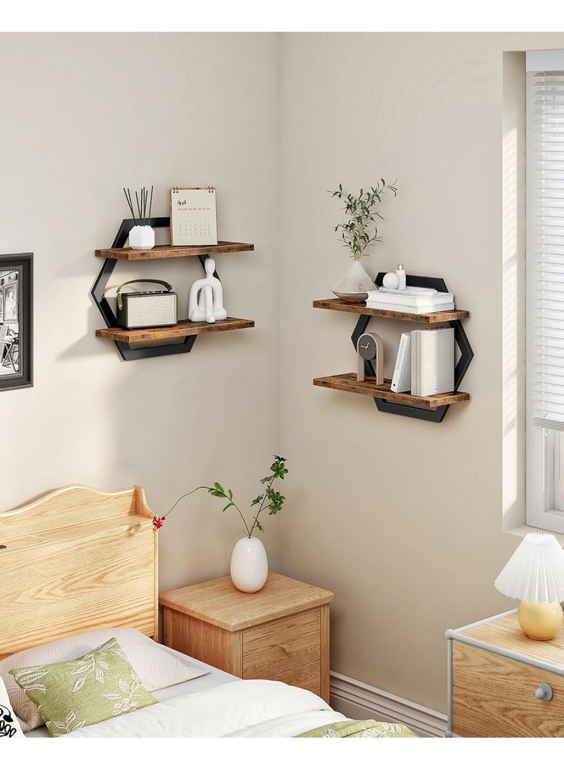 WALALLA Floating Shelves, 15 Inch Wall Shelf Set of 2, Wall Mounted Storage Shelves 2-Tier, Hanging Bathroom Shelves, for Living Room, Bedroom, Bathroom, Kitchen, Rustic Brown and Black - Image 2