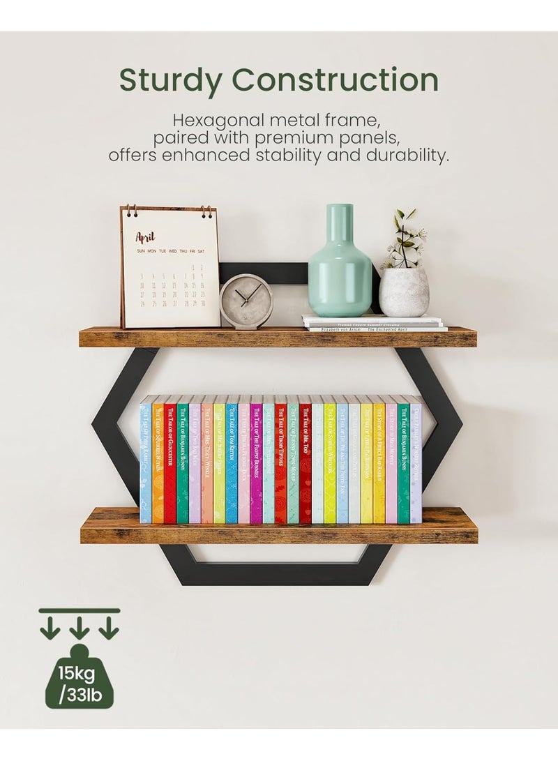 WALALLA Floating Shelves, 15 Inch Wall Shelf Set of 2, Wall Mounted Storage Shelves 2-Tier, Hanging Bathroom Shelves, for Living Room, Bedroom, Bathroom, Kitchen, Rustic Brown and Black - Image 4