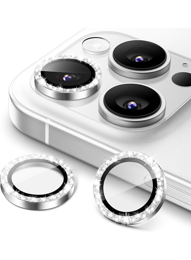 Jetech Camera Lens Protector For Iphone 16 Pro 6.3 Inch And Iphone 16 Pro Max 6.9 Inch Bling Glitter Individual 9H Tempered Glass Metal Ring Cover Hd Clear 1 Set Silver - Image 1